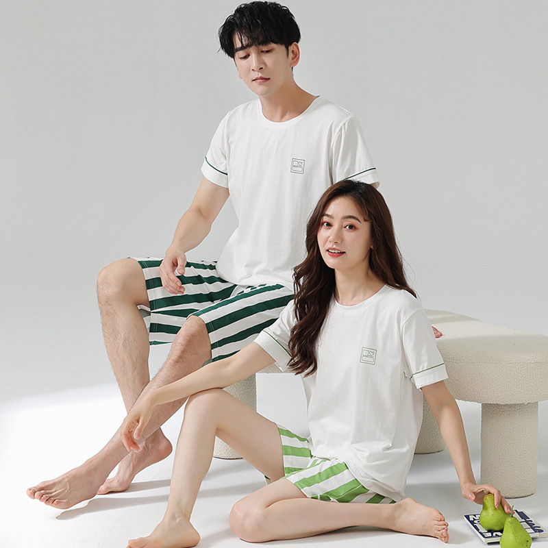 拉架棉情侣睡衣夏短袖短裤简约休闲男女士冰爽棉家居服套装可外穿