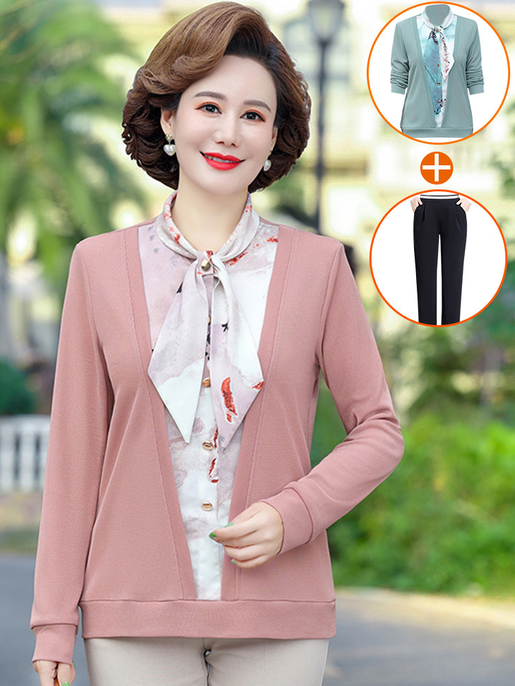 中年妈妈春装洋气小衫时尚假两件上衣2023新款中老年女装春季套装