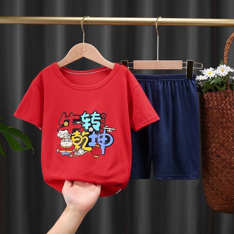 Children's Cotton Short-Sleeved Suit Girls' T-shirt Boys' Shorts Half-Sleeve Summer Wear Baby Summer Clothes