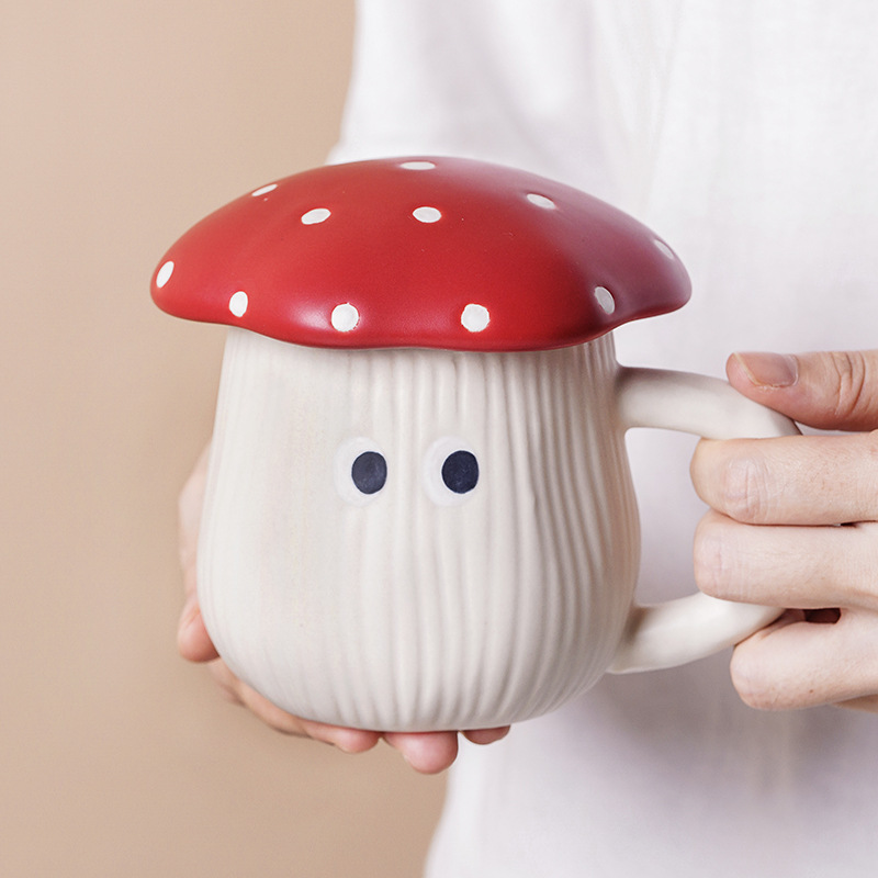 Girl's High-Looking Ceramic Red Mushroom Tableware Cup Dim Sum Plate Rice Bowl Noodle Bowl Salad Bowl Spoon Ins Style