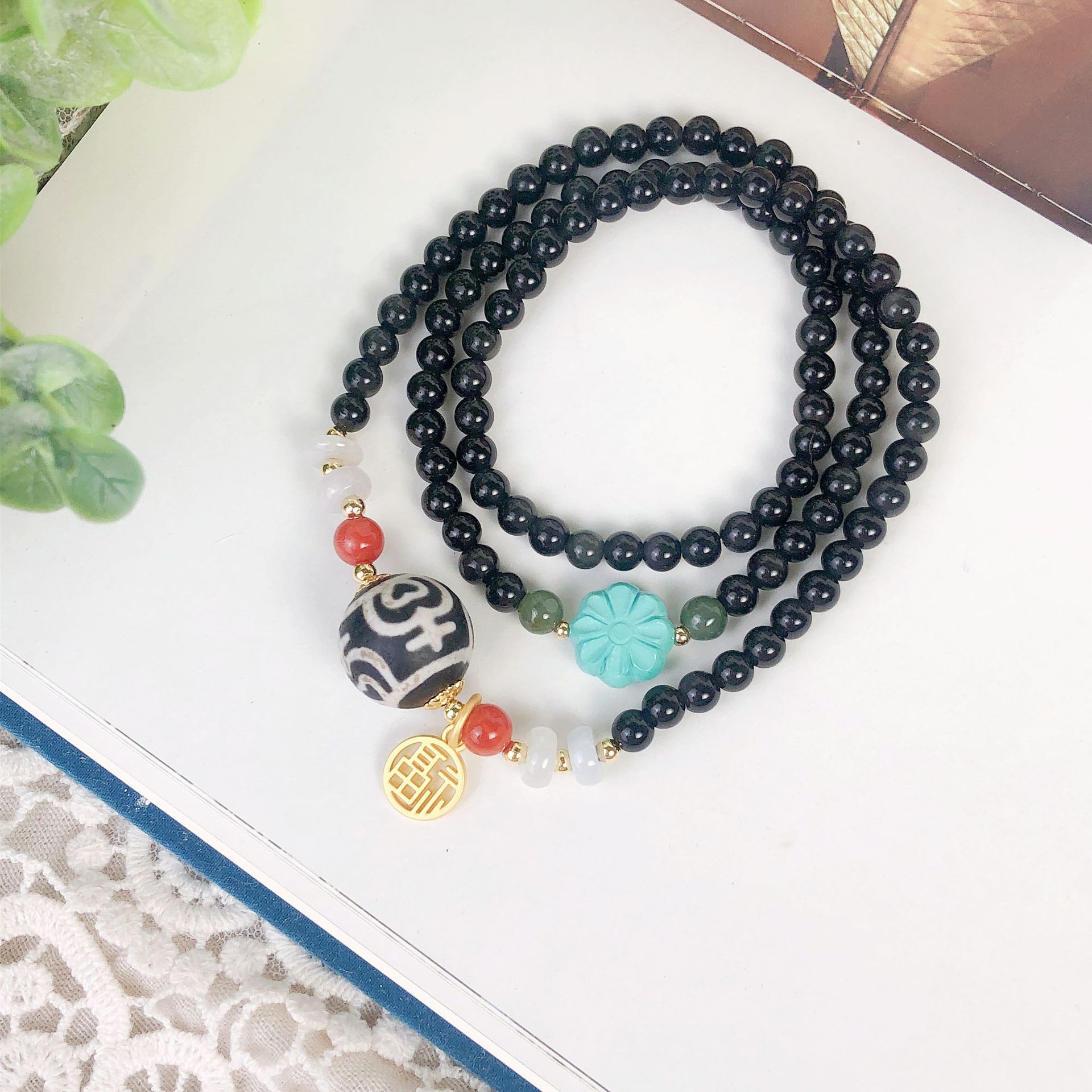 中国风黑曜石三圈天珠手链女小众设计感福字手串手工饰品串珠配饰