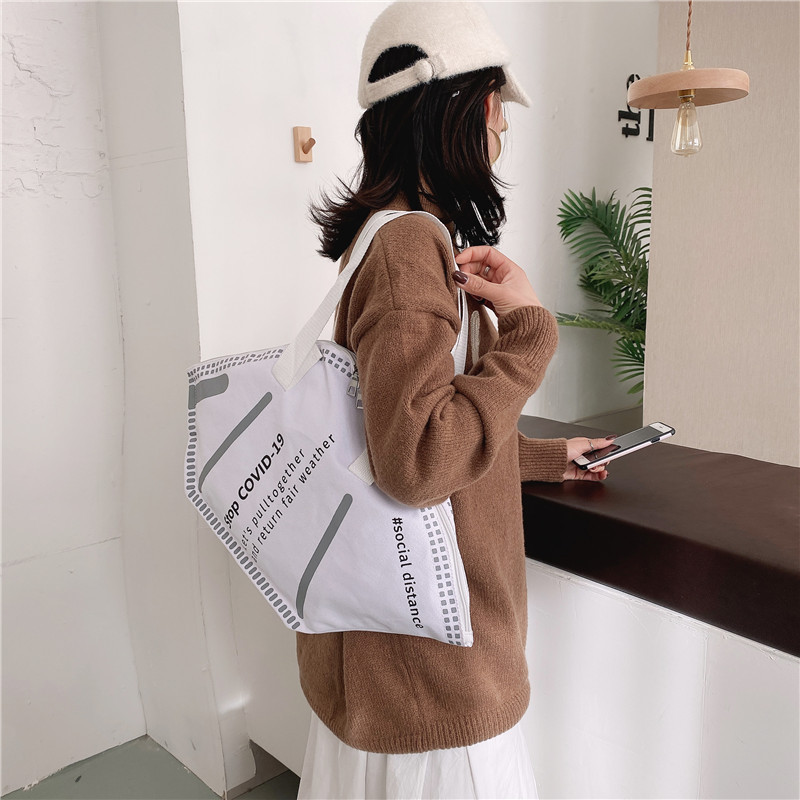 Internet Celebrity Mask Bag Female 2021 Spring and Autumn New Creative Large Capacity Tote Shoulder Bag Printing Hand Holding Casual Bag