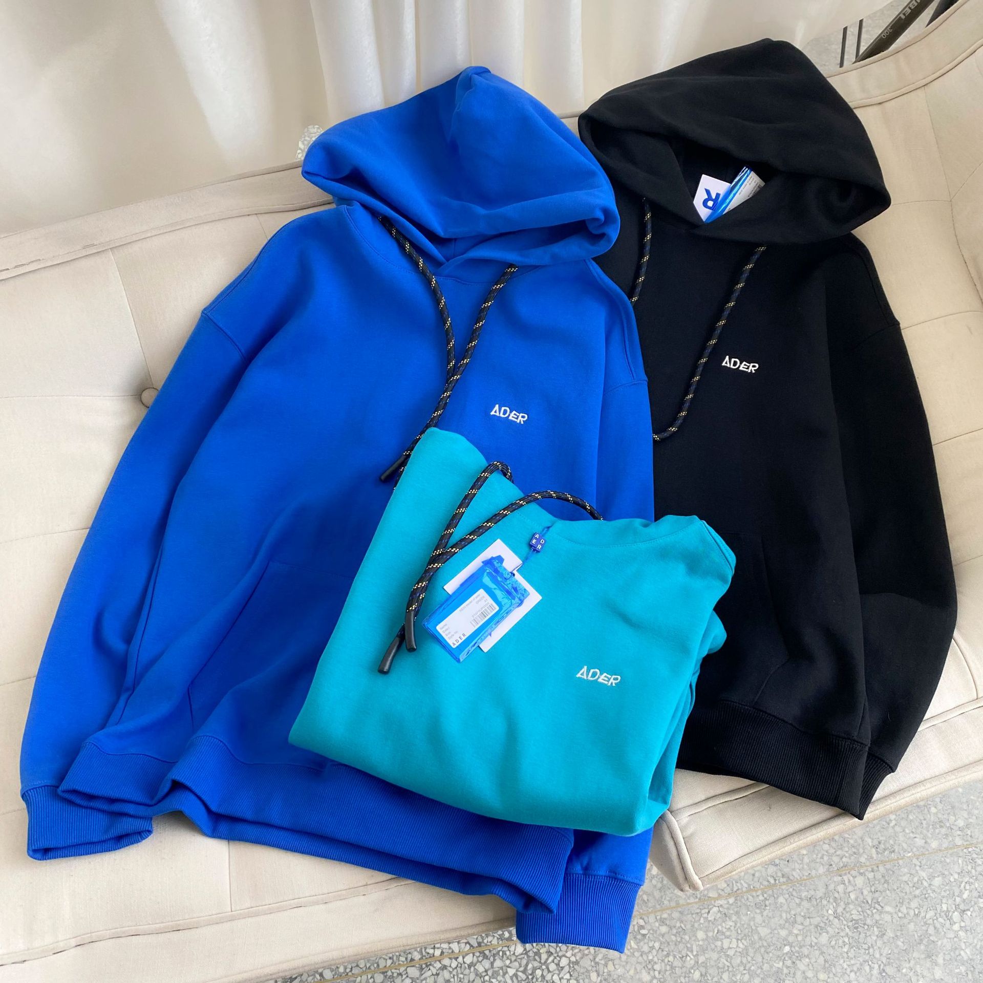 现货小众潮牌ader 连帽卫衣胸前刺绣字母小logo情侣抽绳帽衫ins潮