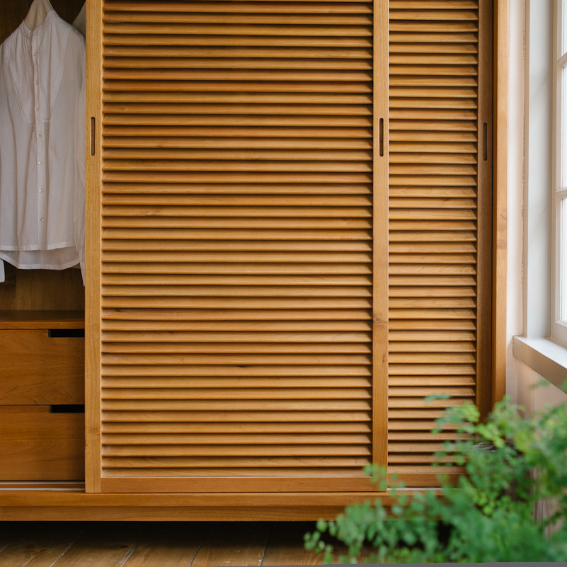 格栅门衣橱实木家具 原木衣柜红樱桃黑胡桃白蜡红橡北美木材衣柜柜门