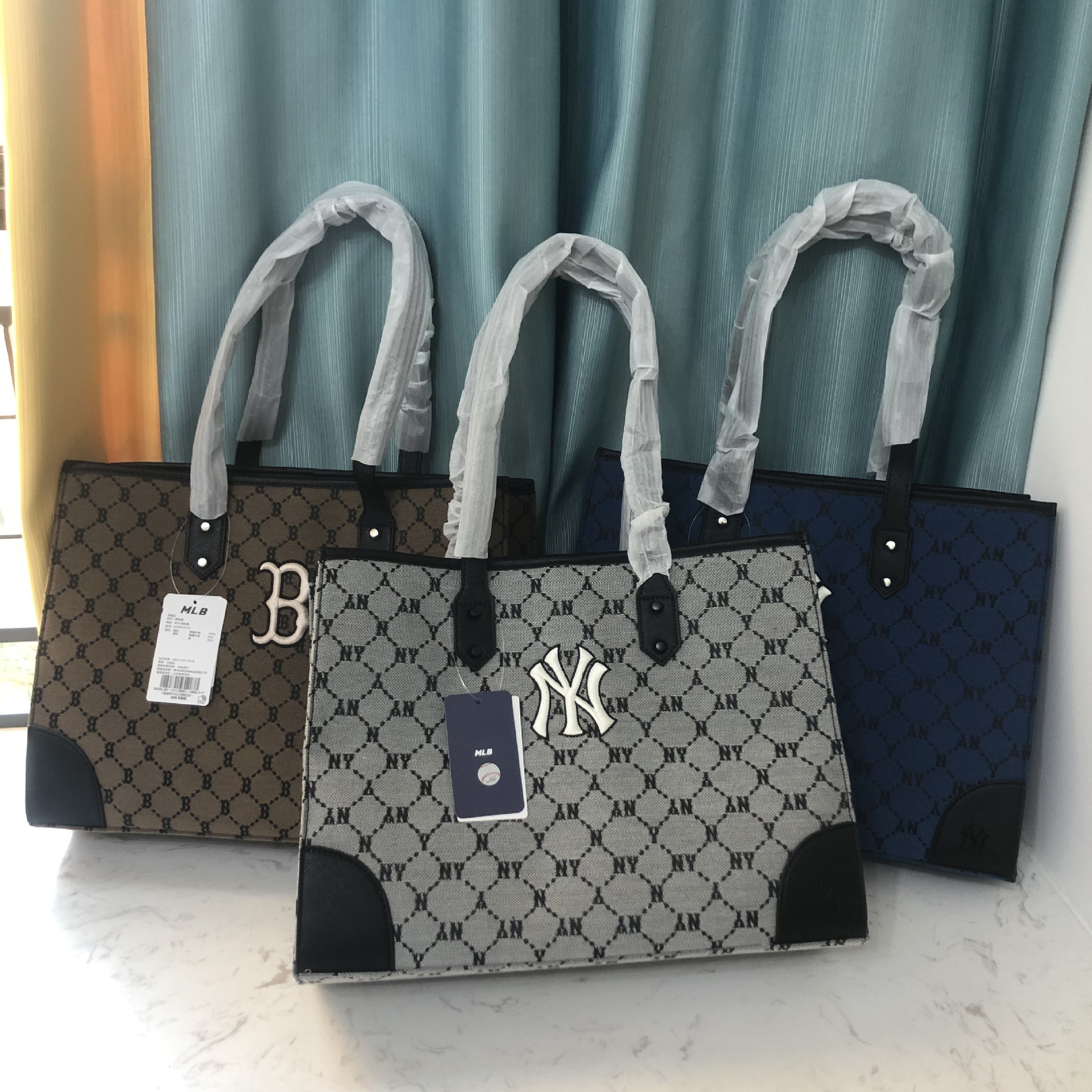 韩国mlb提花购物袋老花ny横款托特包洋基队大容量女士手提单肩包-阿里