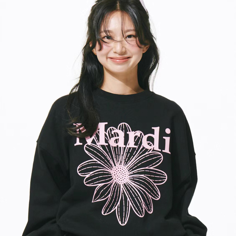 fever同款韩国小众潮牌黑粉雏菊印花卫衣宽松圆领百搭上衣女ins