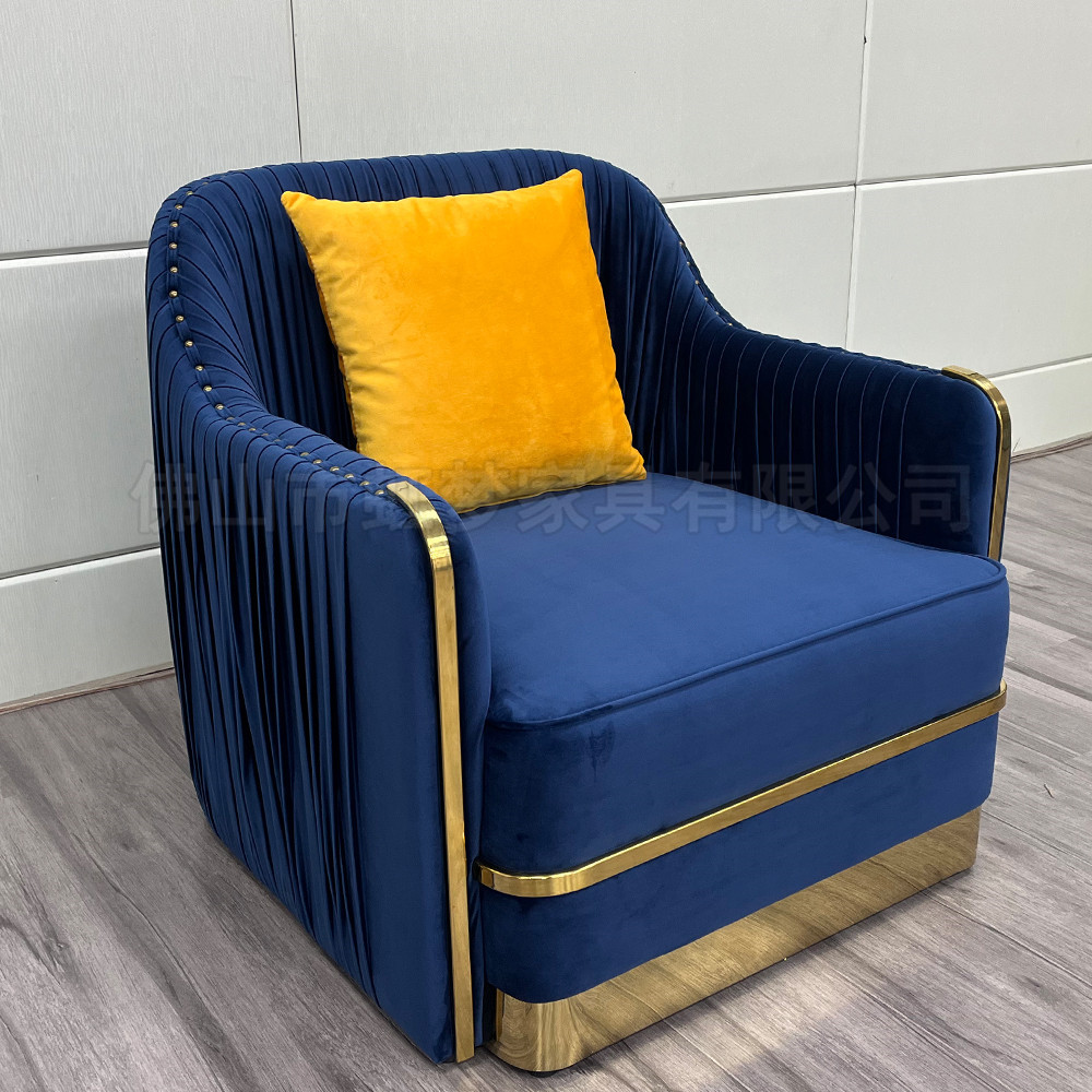 蓝色绒布轻奢居家客厅沙发|厂家批发深圳|月子中心不锈钢钛金沙发