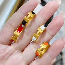 越南沙金镀3D黄金色戒指红色珐琅彩色滴胶女款时尚H字母开口戒指