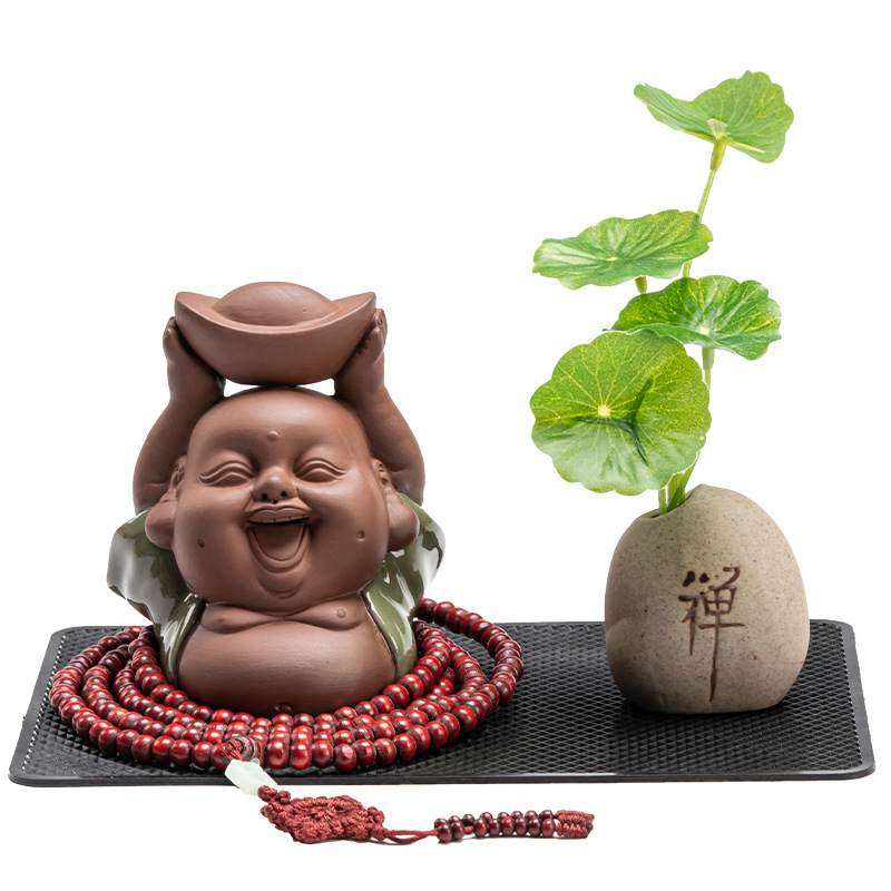 创意紫砂精品哈哈佛汽车摆件高档可爱弥勒笑佛保平安招财车内装饰