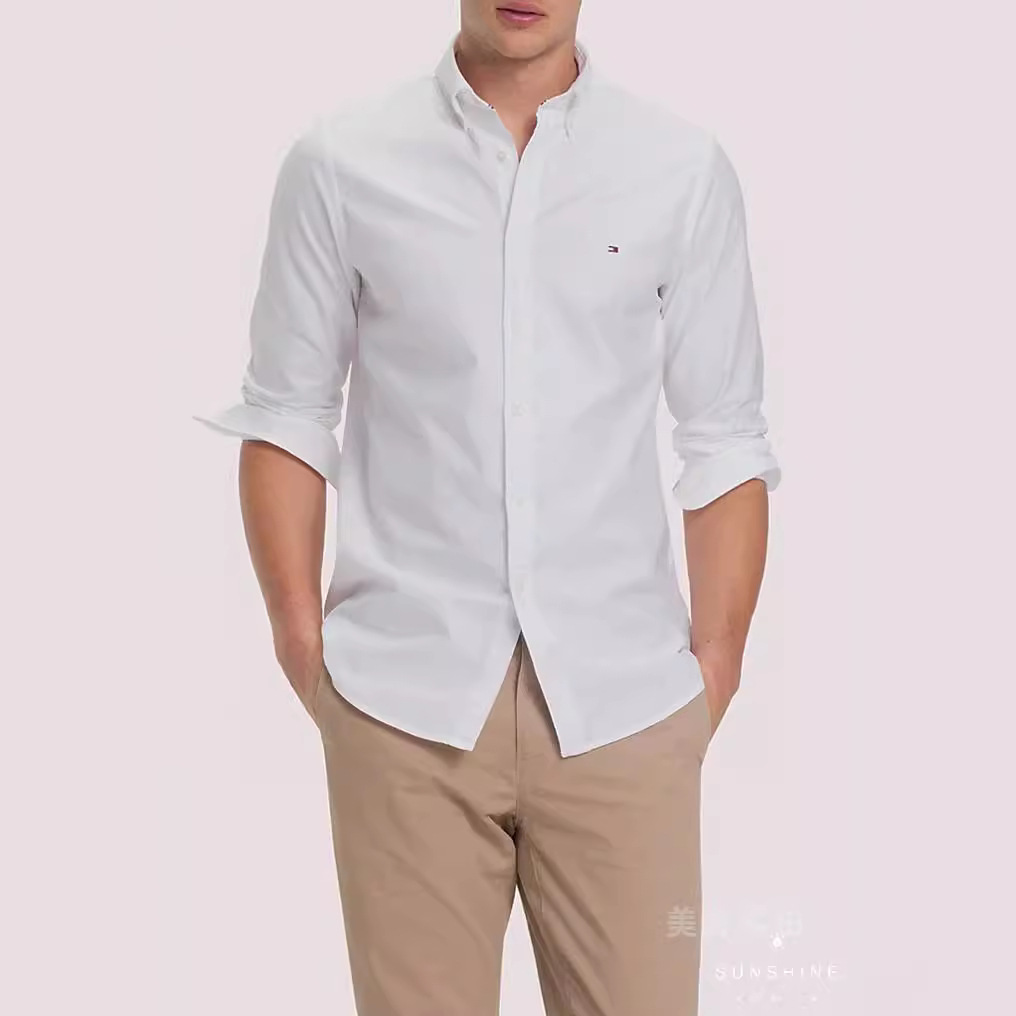 跨境现货夏季汤米tommy牛津纺男士刺绣商务合身纯色长袖翻领衬衫1