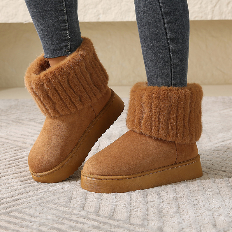 舒适套筒雪地靴女2024年冬季新款韩版圆头厚底时尚毛毛口棉鞋批发