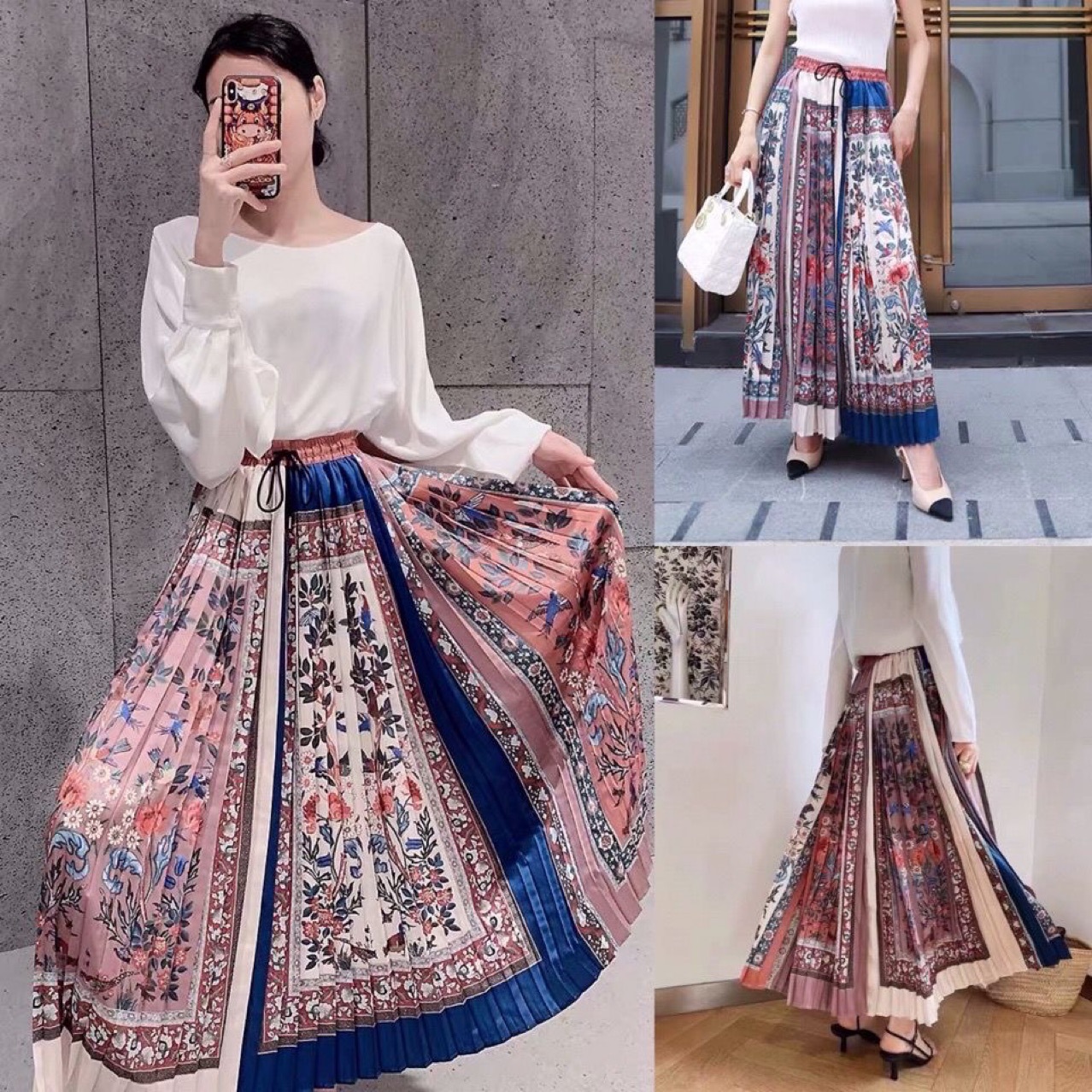 大摆中国风印花半身裙百褶裙中式长款裙子高腰a字大摆春夏女复