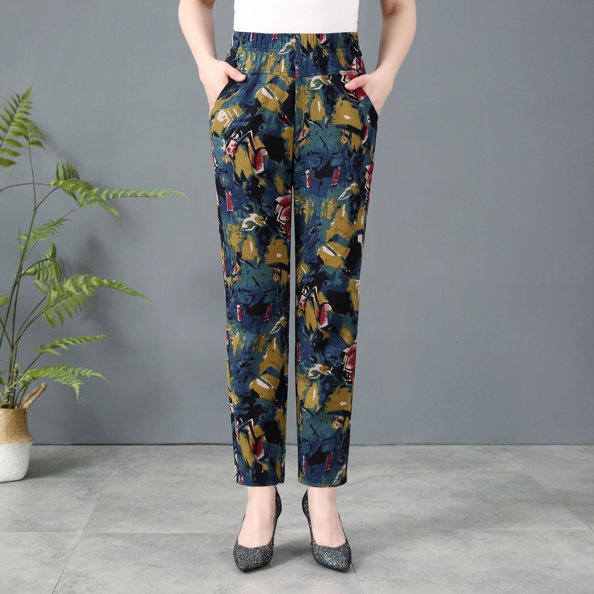 夏季棉麻女裤高腰弹力妈妈花裤子束脚裤防蚊裤九分灯笼裤女