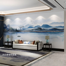18d立体新中式水墨沙发背景墙壁纸青花客厅壁画山水风景无缝影视