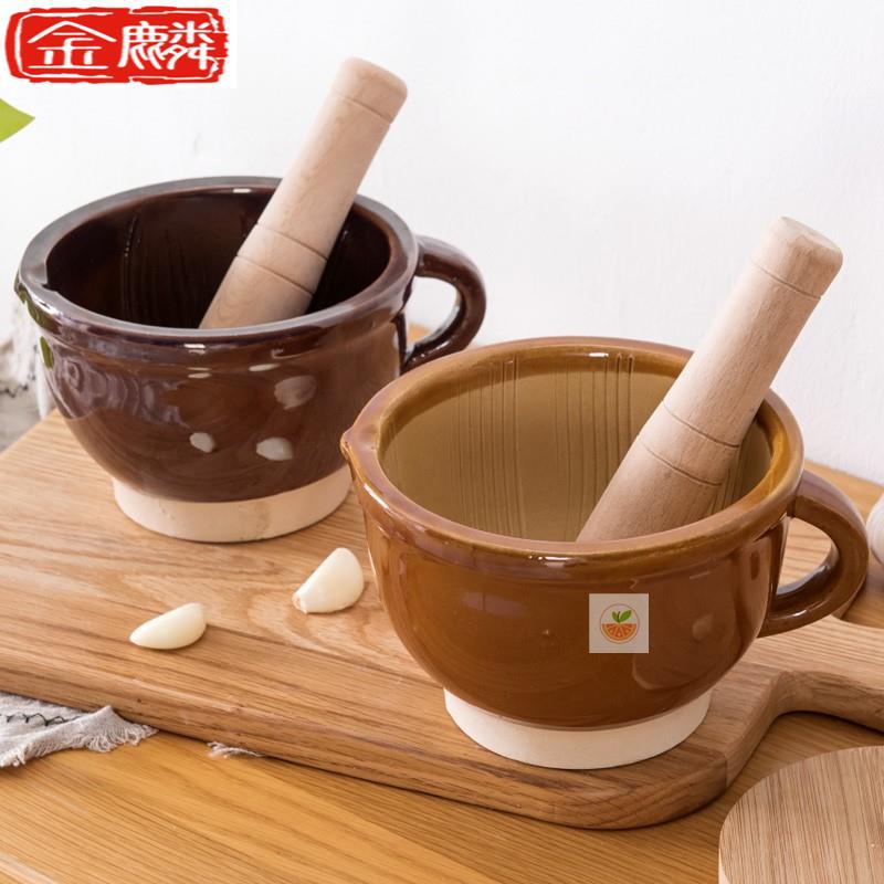 手动研磨器磨药蒜臼子家用大号陶瓷捣蒜器石臼木槌擂辣椒擂钵商用