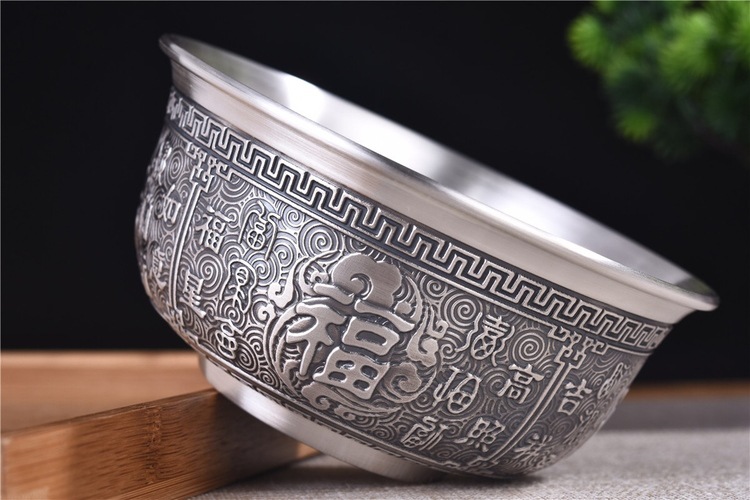 百福银碗999纯银餐具礼品套装 双层隔热足银饭碗银筷子银勺食用级