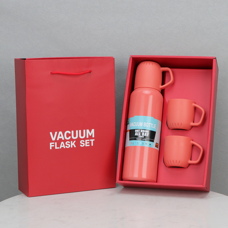 Cross-Border New Arrival One Cup Three Lid Vacuum Cup Set 304 Stainless Steel Straight Body Bottle Portable Portable Gift Water Cup