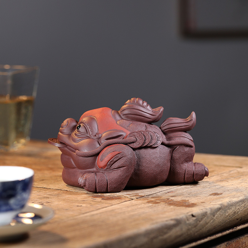 宜兴紫砂茶宠金蟾鸿运当头雕塑摆件工艺品茶桌摆放茶水可养茶玩
