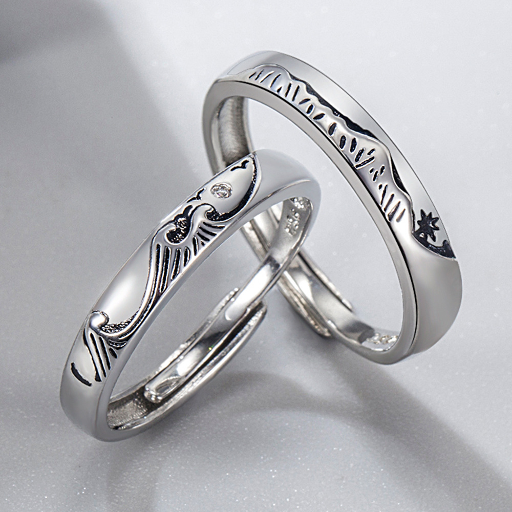 个性国潮山盟海誓情侣戒指一对男女戒指浪漫山海结婚表白开口对戒