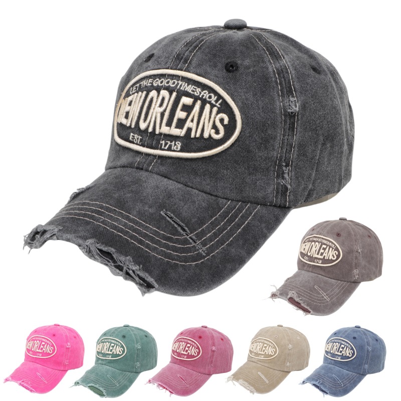 Hat for Women Spring and Summer New Worn Letters Embroidered Peaked Cap Retro Versatile Washed Distressed Sun-Proof Baseball Cap for Men