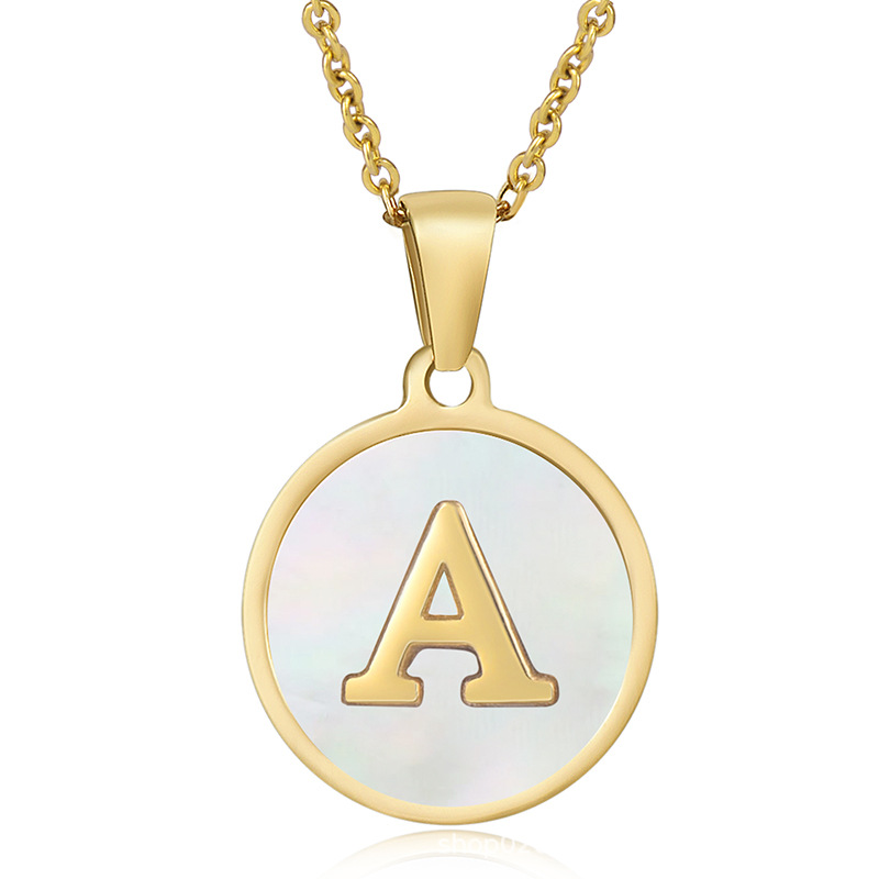 Cross-Border European and American Stainless Steel round Shell Letter Necklace Female 18K Gold Titanium Steel 26 English Letter Pendant