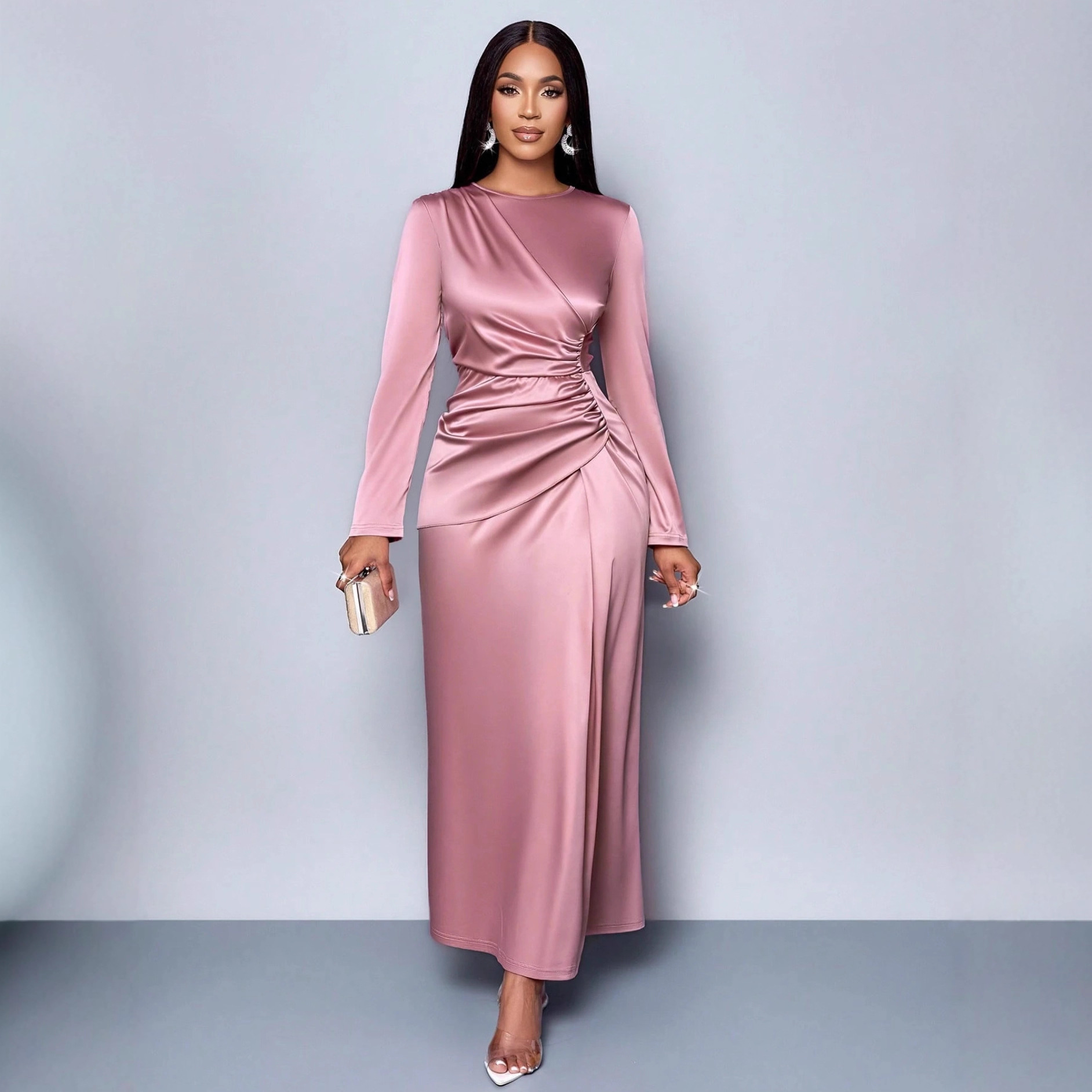 欧美跨境外贸2025新款纯色高级感缎面连衣裙时尚优雅气质轻晚礼裙