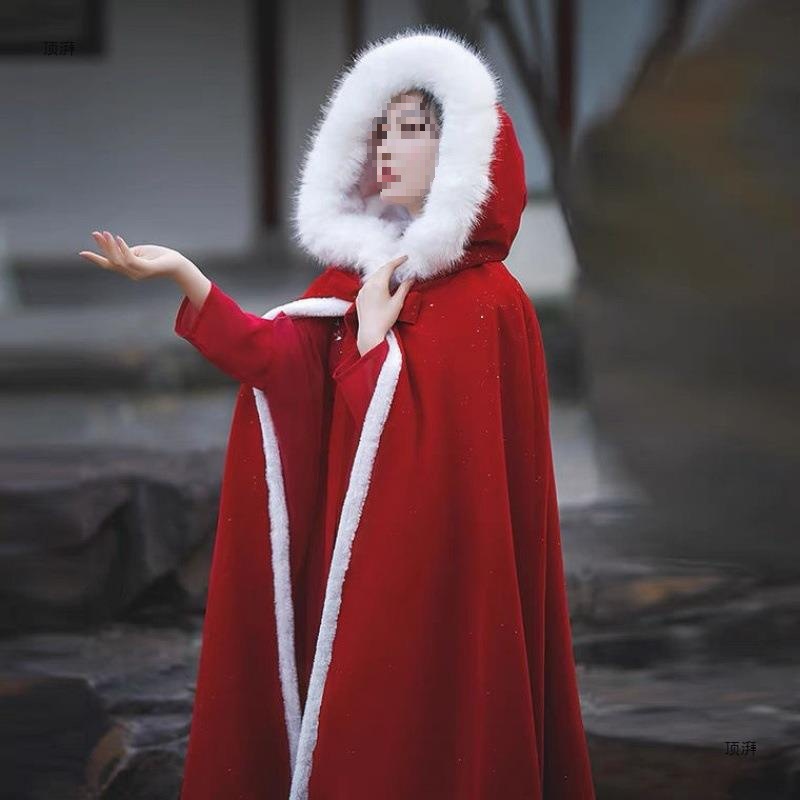 红色斗篷汉服女中国风长款毛领加绒加厚披风古装古风披肩冬季加绒