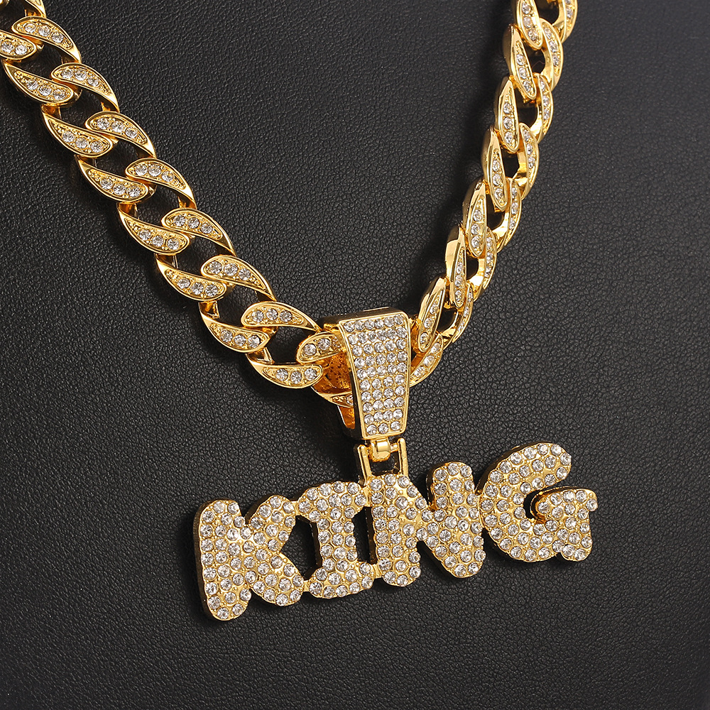 欧美嘻哈镶钻king字母吊坠项链古巴链男士说唱歌手饰品配饰