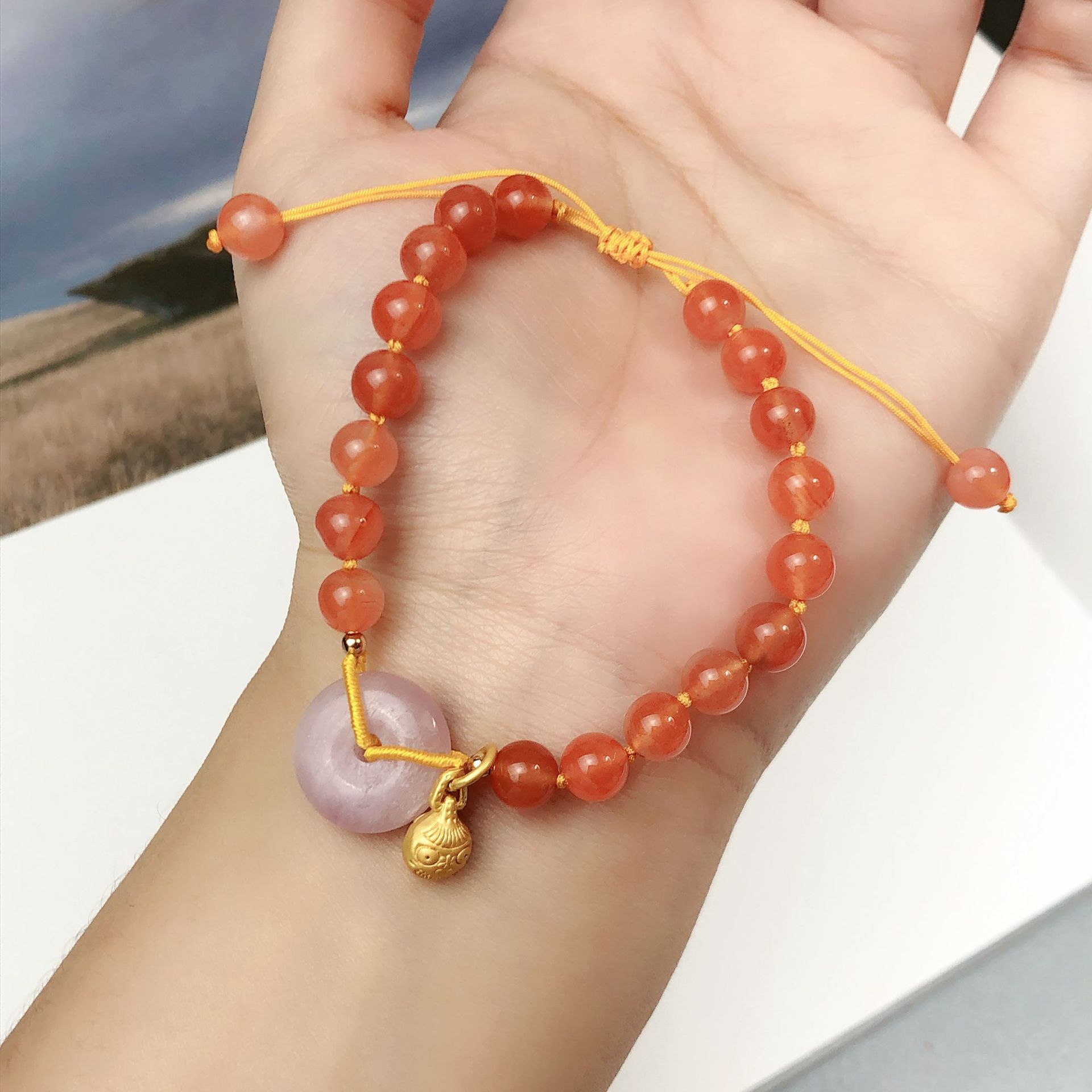 南红平安扣手编绳编织吞金兽手链单圈奥地利水晶手串手工饰品串珠