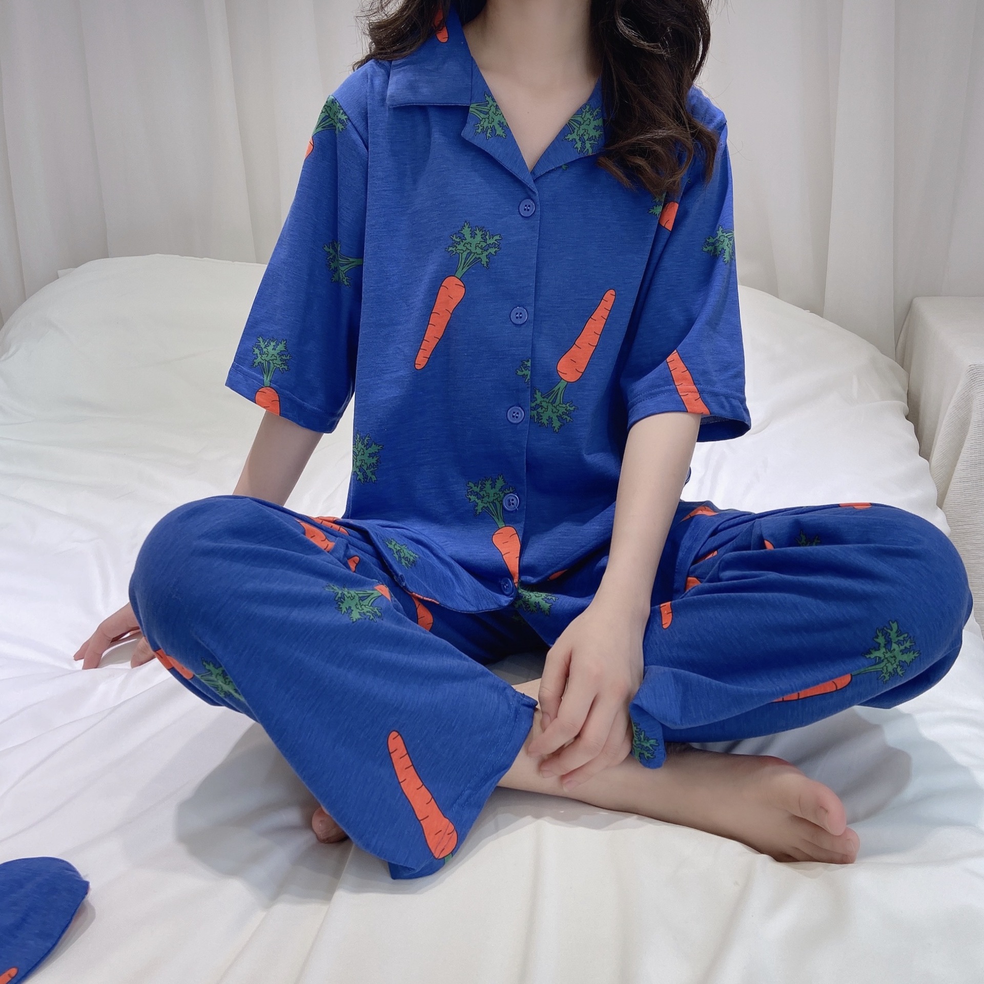 明星谭松韵李尖尖同款睡衣-短袖长裤睡衣夏季女冰丝宽松休闲套装