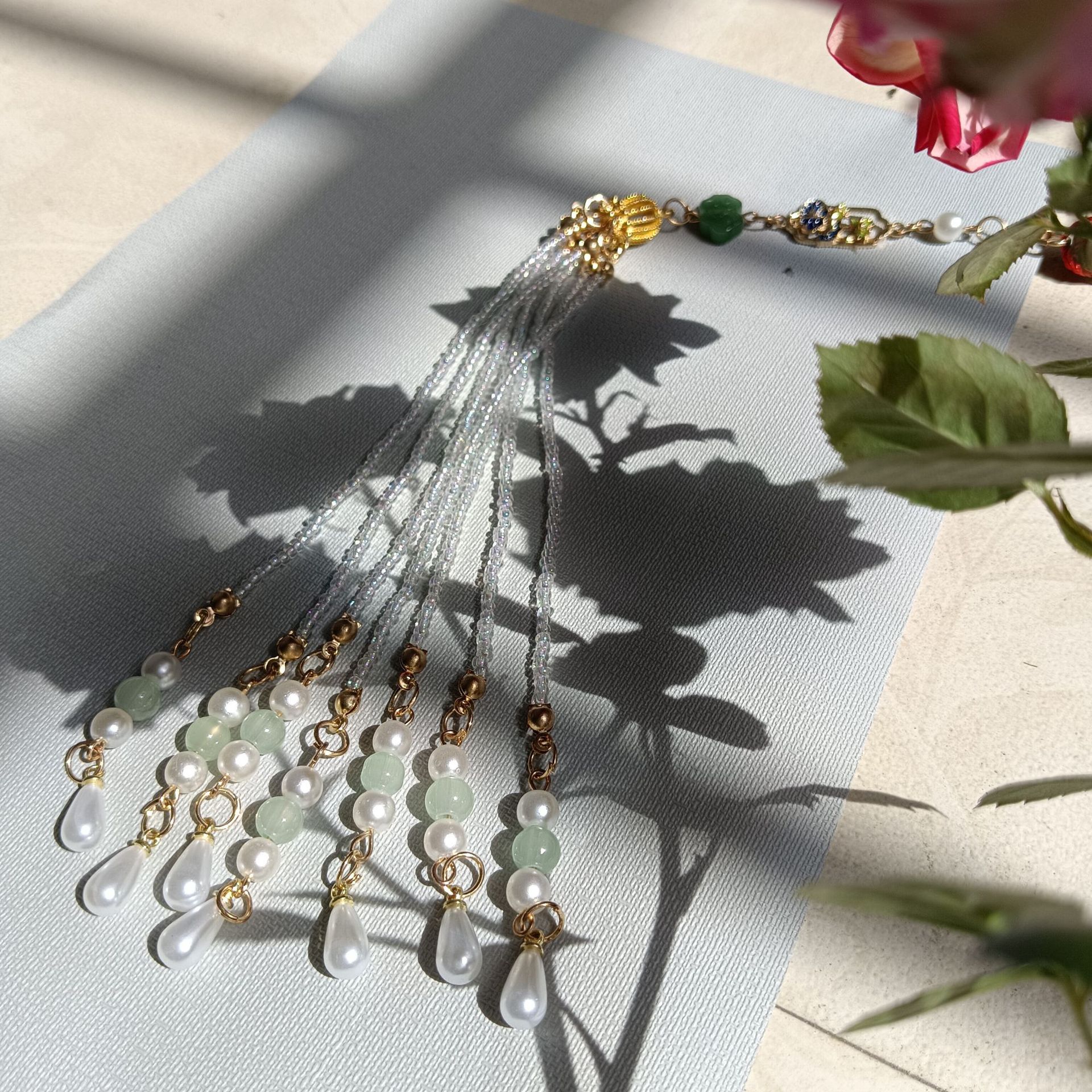 观山玥古风金属玲铛米珠花牌龙虾扣秀禾发簪挂饰喜扇团扇坠子配件