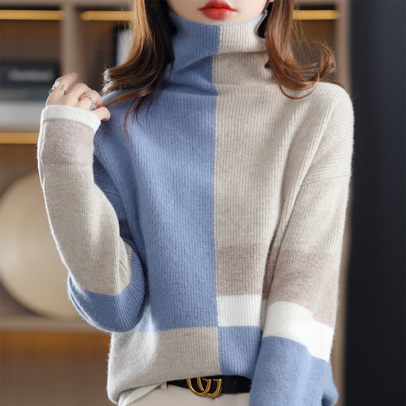 秋冬新款羊绒衫女高领拼色套头宽松显瘦毛衣洋气仿羊毛针织打底衫