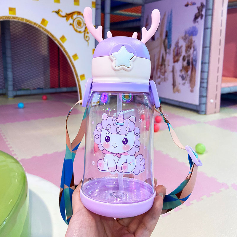 antler plastic straw cup cartoon children‘s plastic cup portable large capacity outdoor water cup portable strap water cup