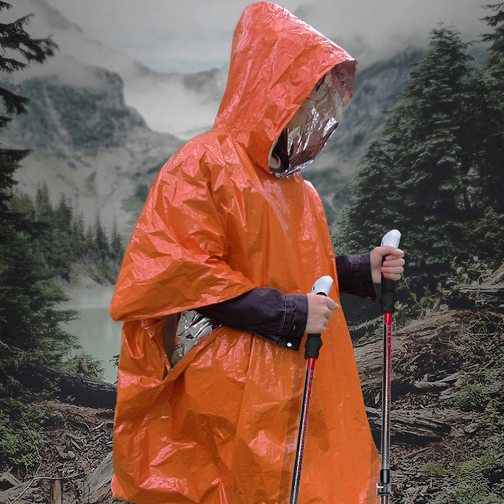 户外应急雨衣登山徒步野营探险铝箔雨披露营保暖雨衣加厚长款时尚