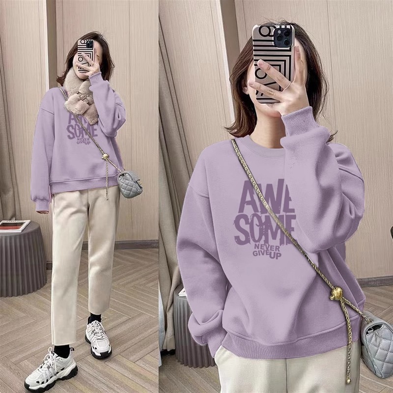 秋季新款无帽卫衣女韩版宽松冬季加绒加厚休闲上衣减龄显瘦ins潮