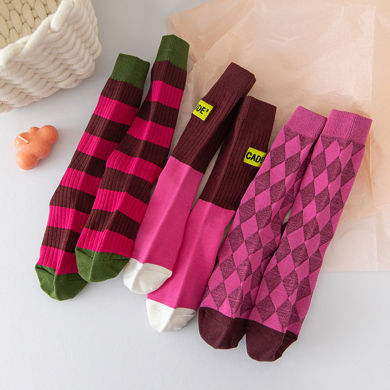袜子女新款条纹刺绣百搭长袜ins潮流穿搭风女士堆堆袜一件代发
