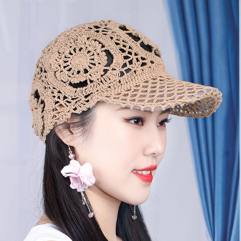 夏天遮白发帽头顶镂空遮阳帽勾花镂空帽子民族风鸭舌帽薄款针织帽