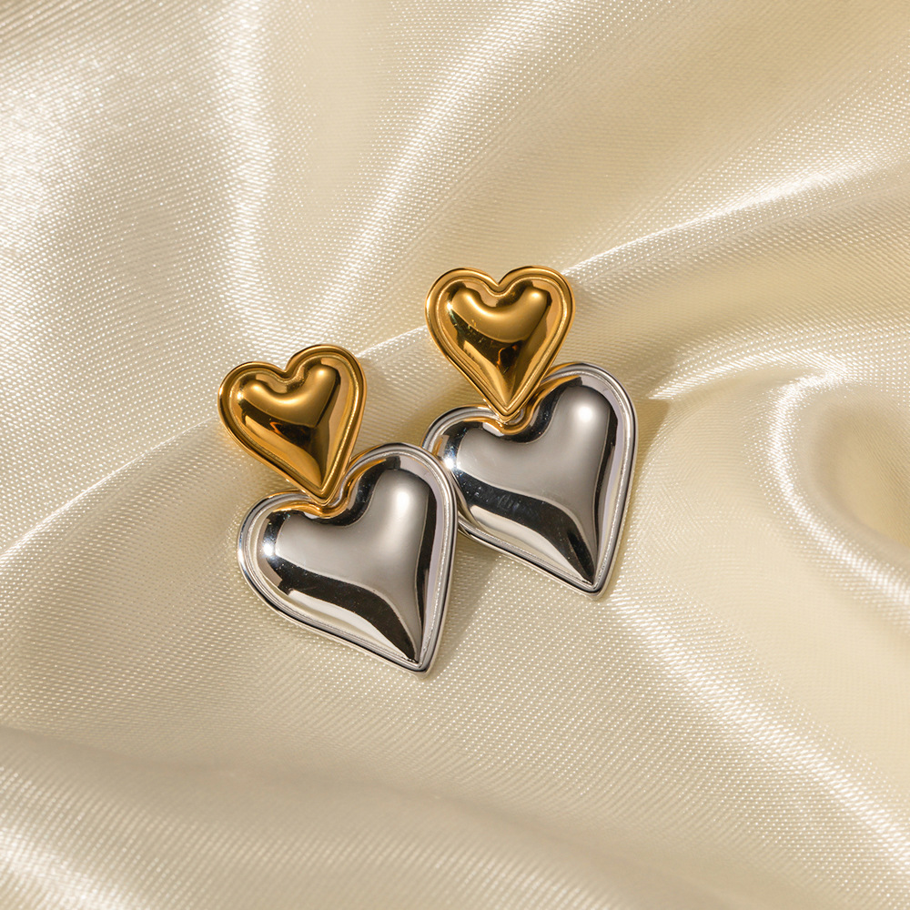 INS Style European and American New 18K Gold Stainless Steel Heart-Shaped Gold and Silver Color Matching Earrings Stainless Steel Earrings for Women