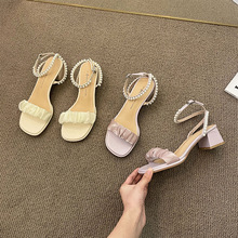 凉鞋女夏季珍珠4公分低跟气质名媛法式小跟鞋高跟鞋旗袍鞋