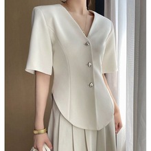 外贸白色短袖西装女2024夏季通勤气质显瘦设计感外套上衣潮