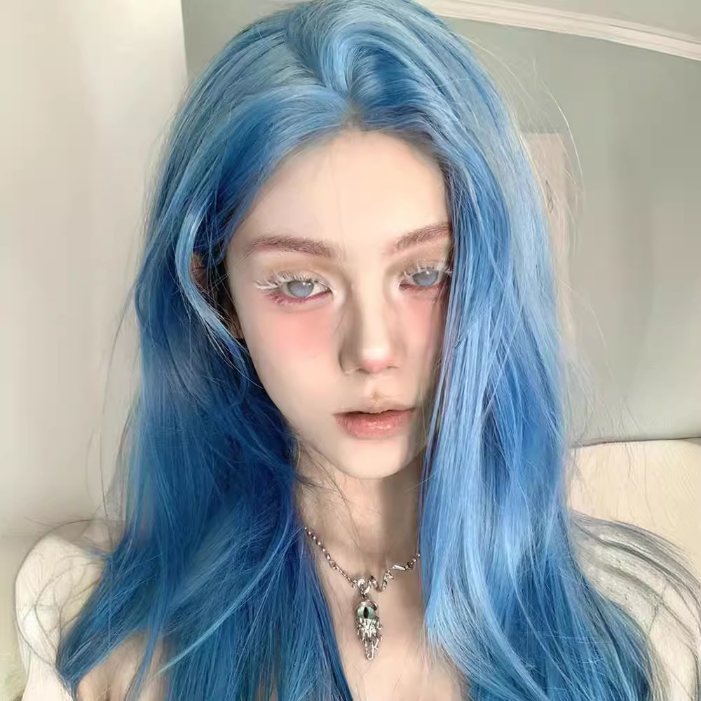 前额蕾丝人鱼蓝中长发假发网红朦胧感高层次中分长直发整顶jk假发