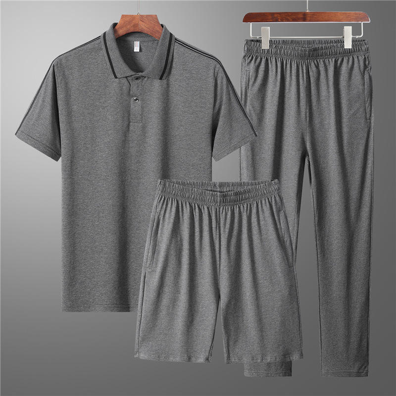 老年人运动套装男士夏季短袖三件套棉爸爸装休闲爷爷运动服男装