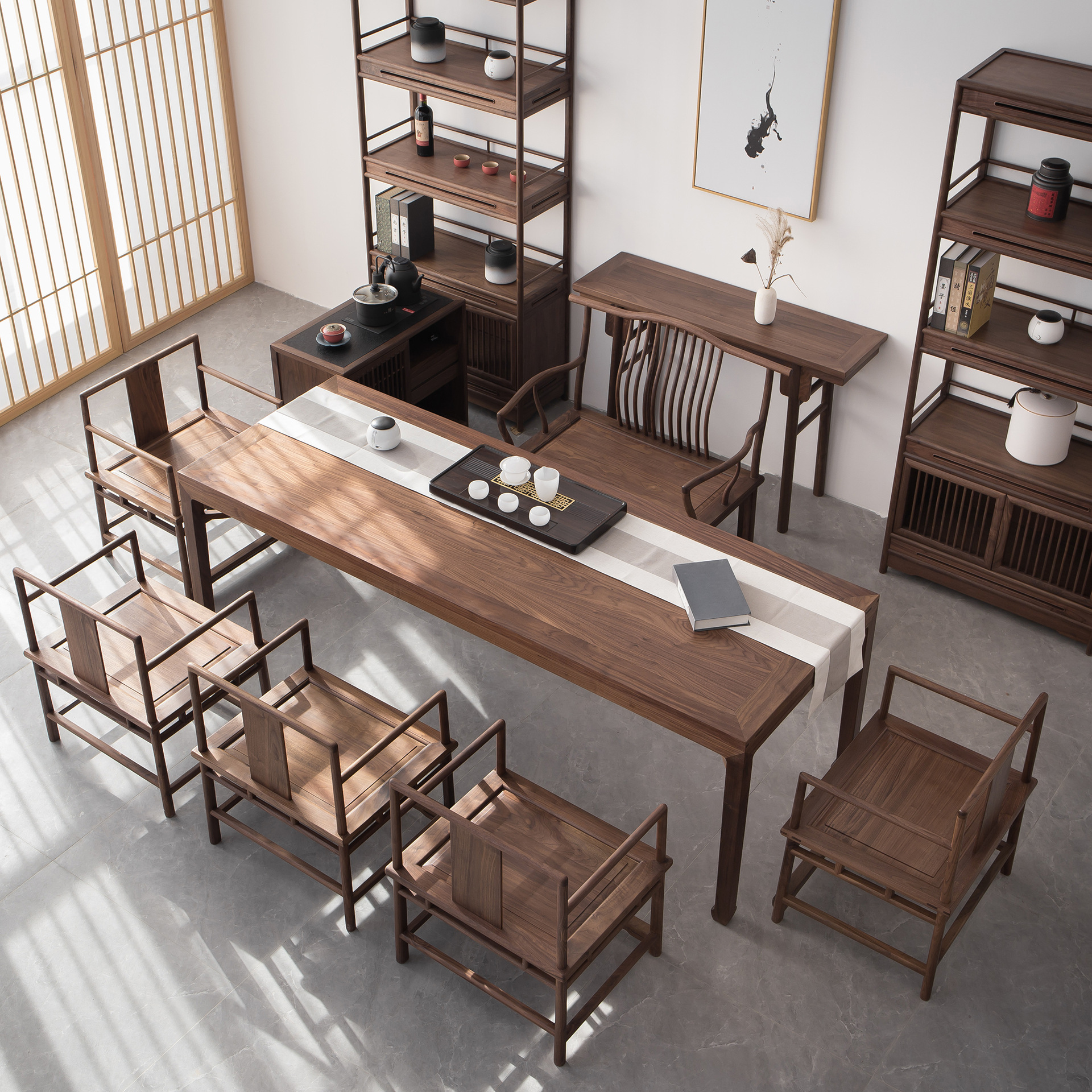 新中式老榆木茶桌椅组合黑胡桃实木功夫茶台禅意茶室现代简约家具