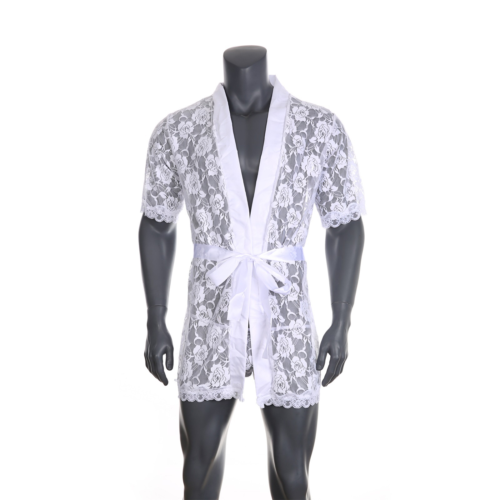 批发男士超性感透视诱惑情趣睡袍蕾丝透明丁字裤浴袍居家服套装