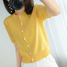 女士短袖纯棉针织开衫夏季外穿2022夏款黄色圆领短款修身半袖上衣