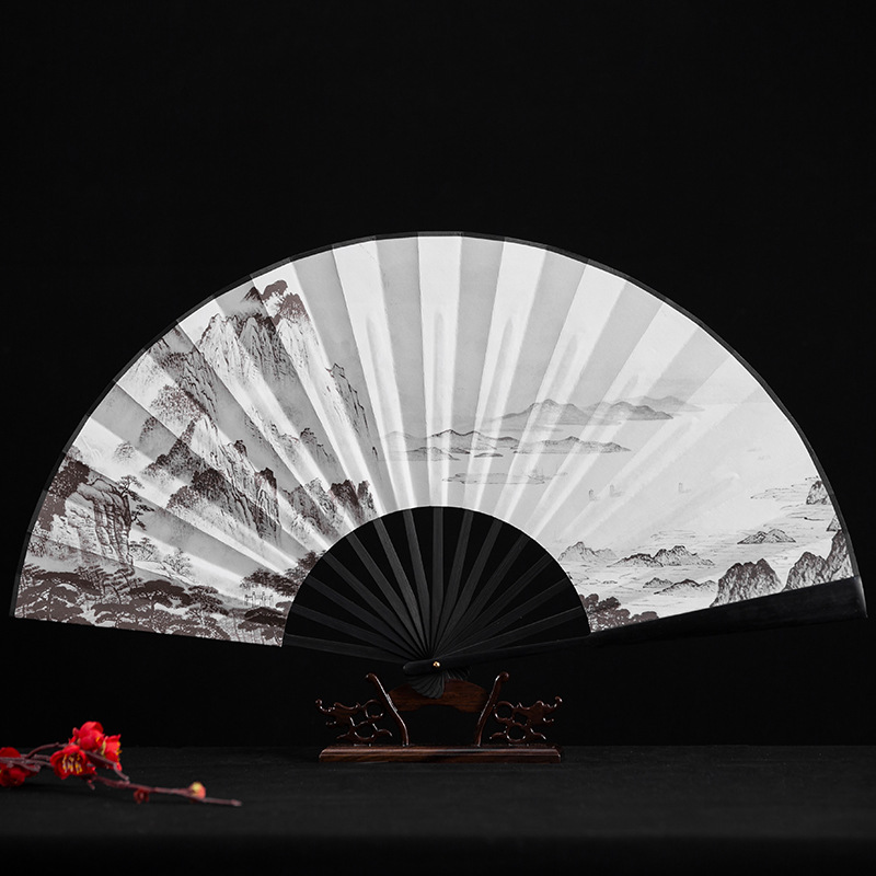 10寸男生霸气折扇中国风古风夏季水墨山水画书法绢布定制随身扇子