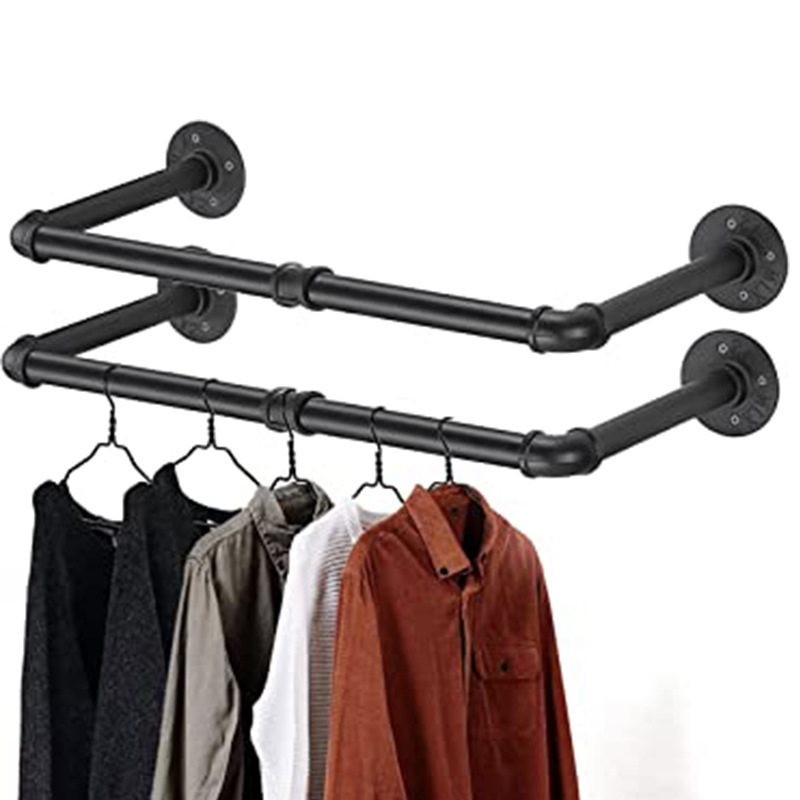 Cross-Border Wall-Mounted Clothes Hanger Industrial Style Iron Water Pipe Clothing Rack Modern Black Storage Rack Multi-Functional Hanging Rod