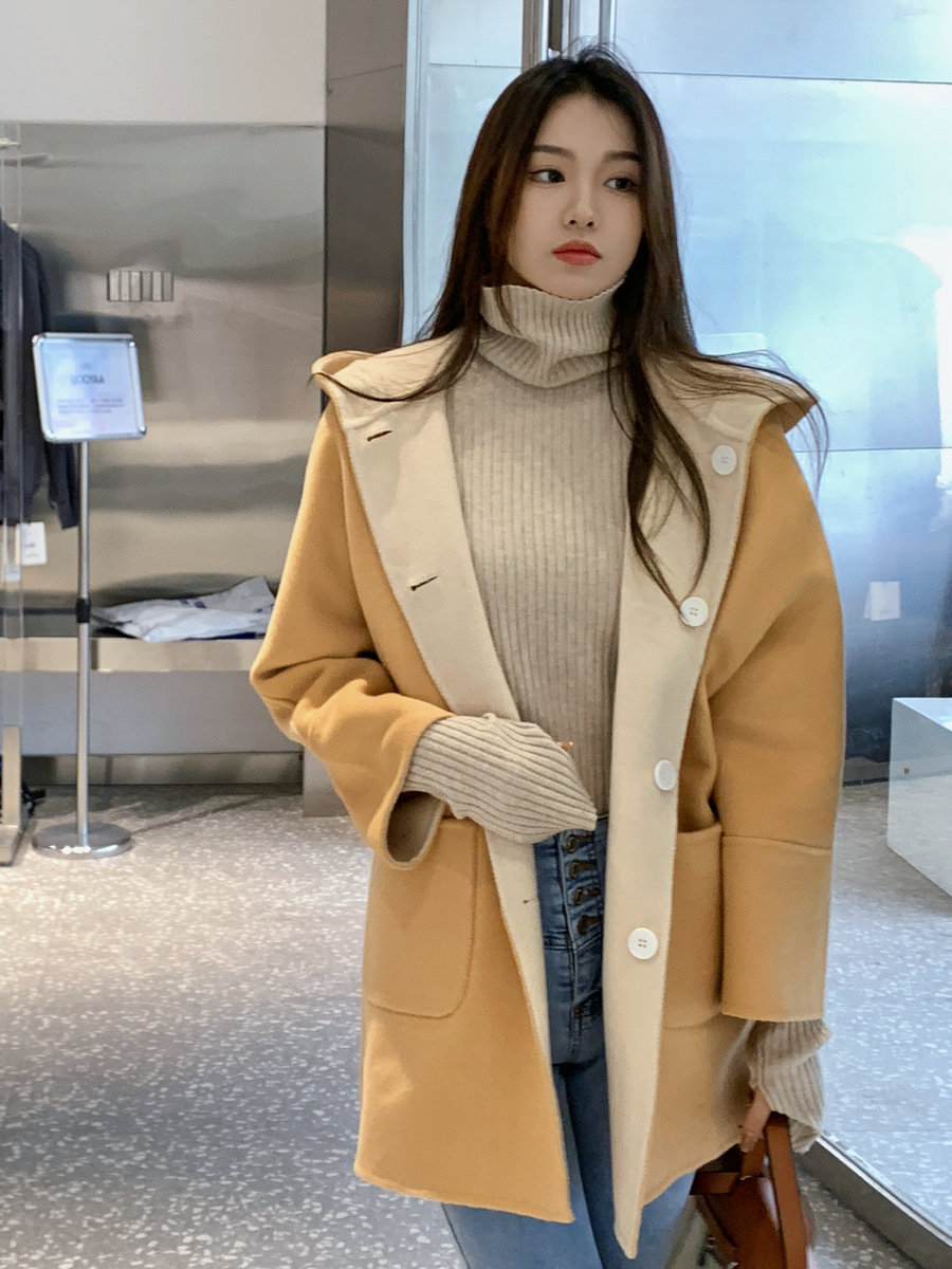 two sides can wear small hooded reversible cashmere coat female 2023 autumn and winter pure wool woolen coat chick yellow