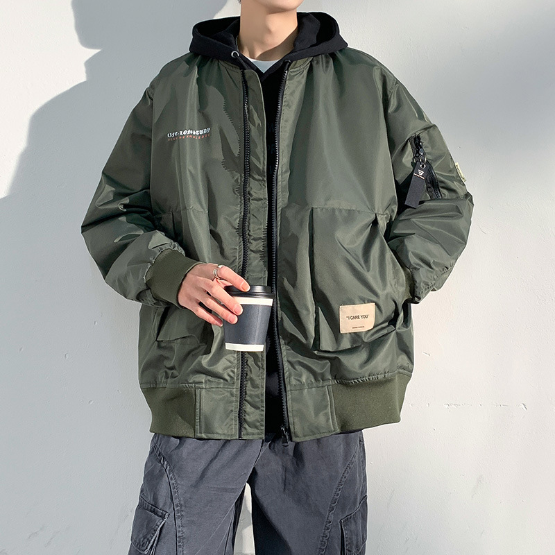 军绿色棒球服外套男士春秋季高街复古潮牌新款美式工装飞行员夹克