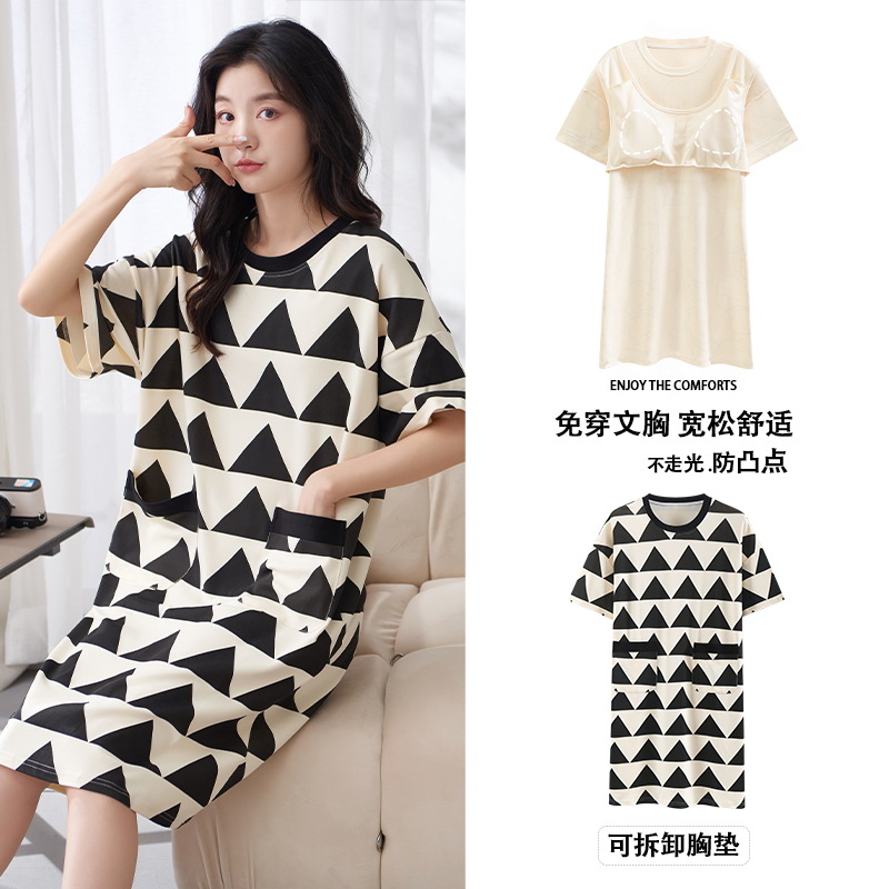 23 Summer Pure Cotton Women's Nightdress Cotton Outer Wear Student's Dress Thin Simple round Neck plus-Sized Version Loose Women's Nightdress